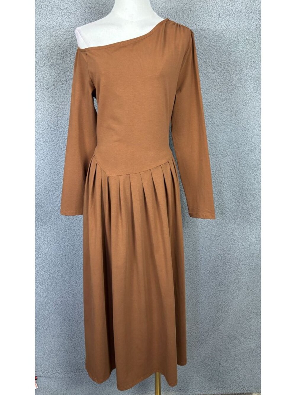 MEROKEETY Women's Fall One Shoulder Pleated Midi Dress Brown Size Large NWT's